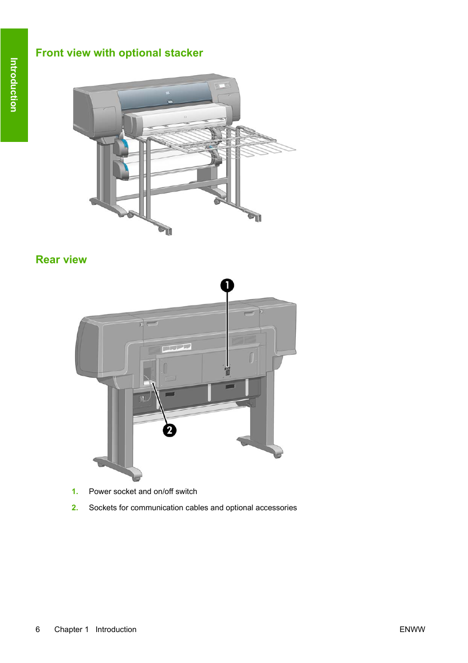 Front view with optional stacker, Rear view, Front view with optional stacker rear view | HP Designjet 4520 Printer series User Manual | Page 16 / 235