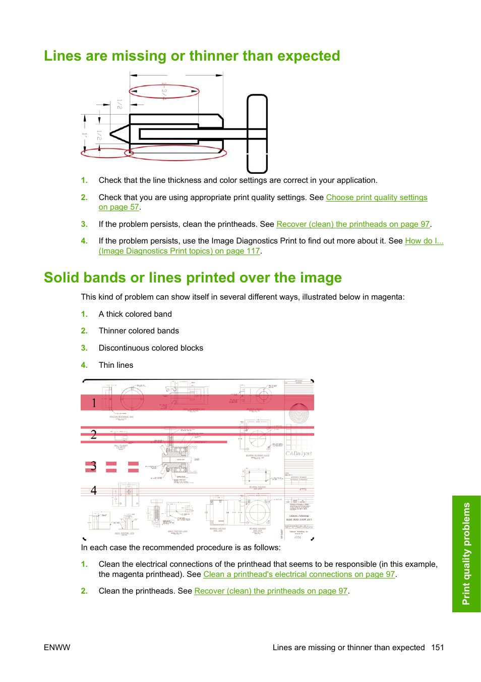 Lines are missing or thinner than expected, Solid bands or lines printed over the image | HP Designjet 4520 Printer series User Manual | Page 161 / 235