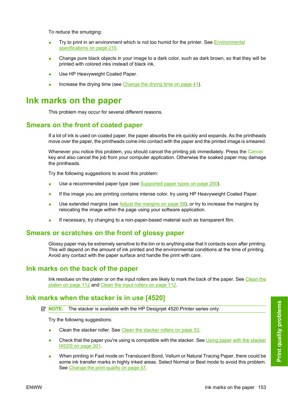 Ink marks on the paper, Smears on the front of coated paper, Smears or scratches on the front of glossy paper | Ink marks on the back of the paper, Ink marks when the stacker is in use [4520 | HP Designjet 4520 Printer series User Manual | Page 163 / 235