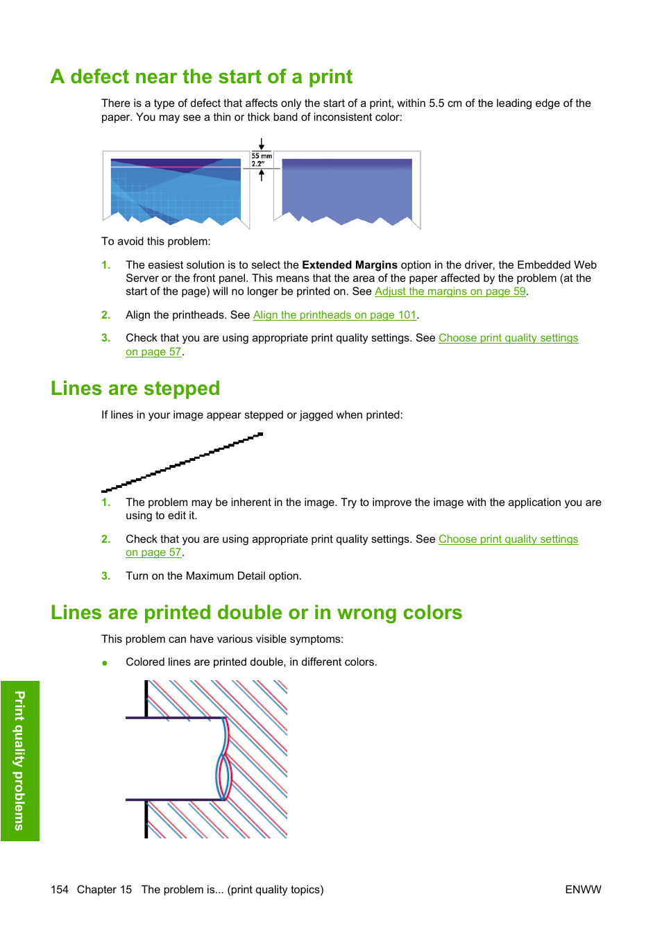 A defect near the start of a print, Lines are stepped, Lines are printed double or in wrong colors | HP Designjet 4520 Printer series User Manual | Page 164 / 235