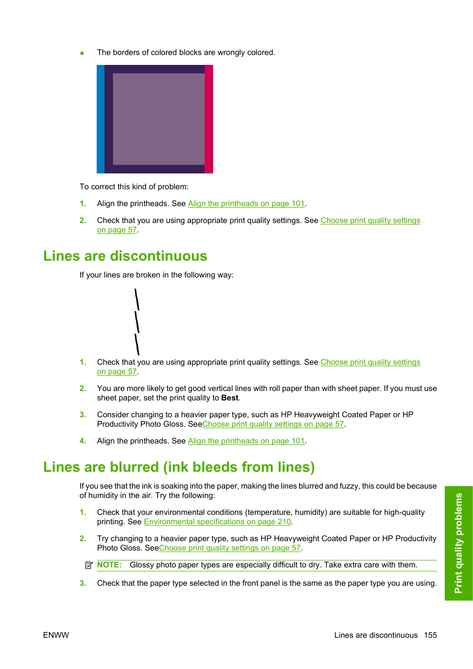 Lines are discontinuous, Lines are blurred (ink bleeds from lines) | HP Designjet 4520 Printer series User Manual | Page 165 / 235