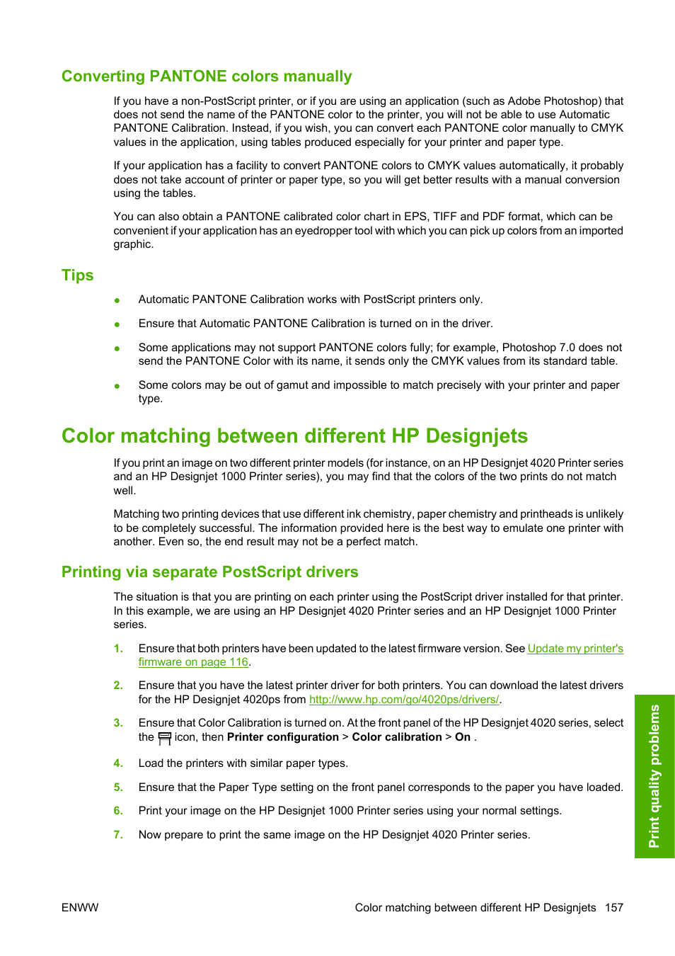 Converting pantone colors manually, Tips, Color matching between different hp designjets | Printing via separate postscript drivers | HP Designjet 4520 Printer series User Manual | Page 167 / 235