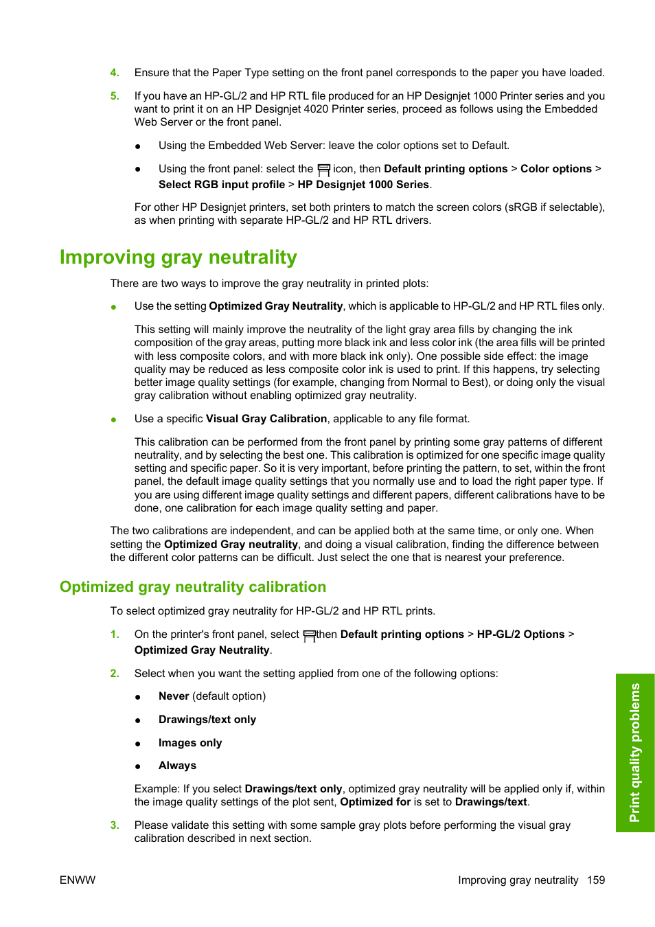 Improving gray neutrality, Optimized gray neutrality calibration | HP Designjet 4520 Printer series User Manual | Page 169 / 235