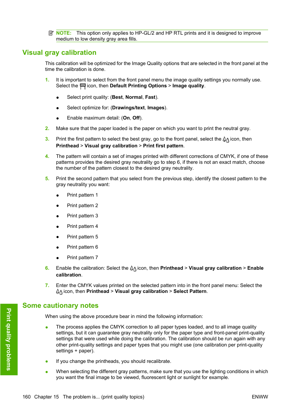 Visual gray calibration, Some cautionary notes | HP Designjet 4520 Printer series User Manual | Page 170 / 235