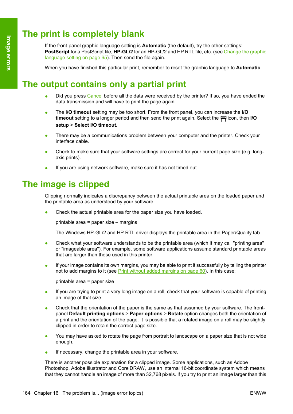 The print is completely blank, The output contains only a partial print, The image is clipped | HP Designjet 4520 Printer series User Manual | Page 174 / 235