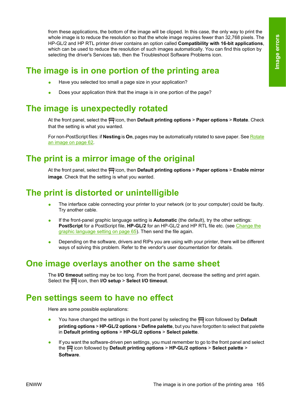 The image is in one portion of the printing area, The image is unexpectedly rotated, The print is a mirror image of the original | The print is distorted or unintelligible, One image overlays another on the same sheet, Pen settings seem to have no effect, Pen settings seem | HP Designjet 4520 Printer series User Manual | Page 175 / 235