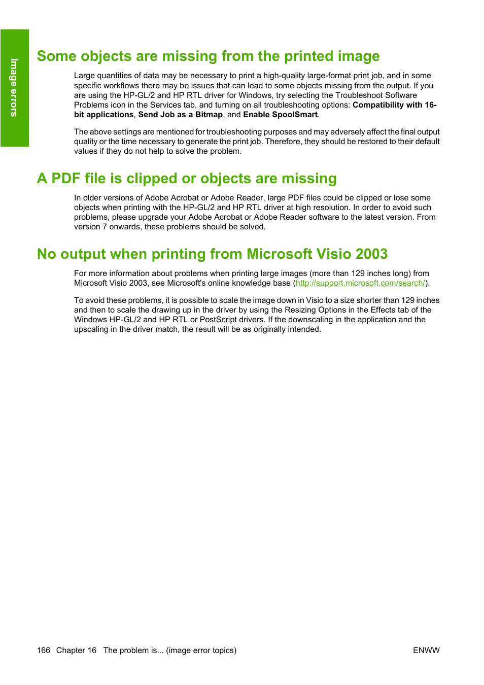 Some objects are missing from the printed image, A pdf file is clipped or objects are missing, No output when printing from microsoft visio 2003 | HP Designjet 4520 Printer series User Manual | Page 176 / 235