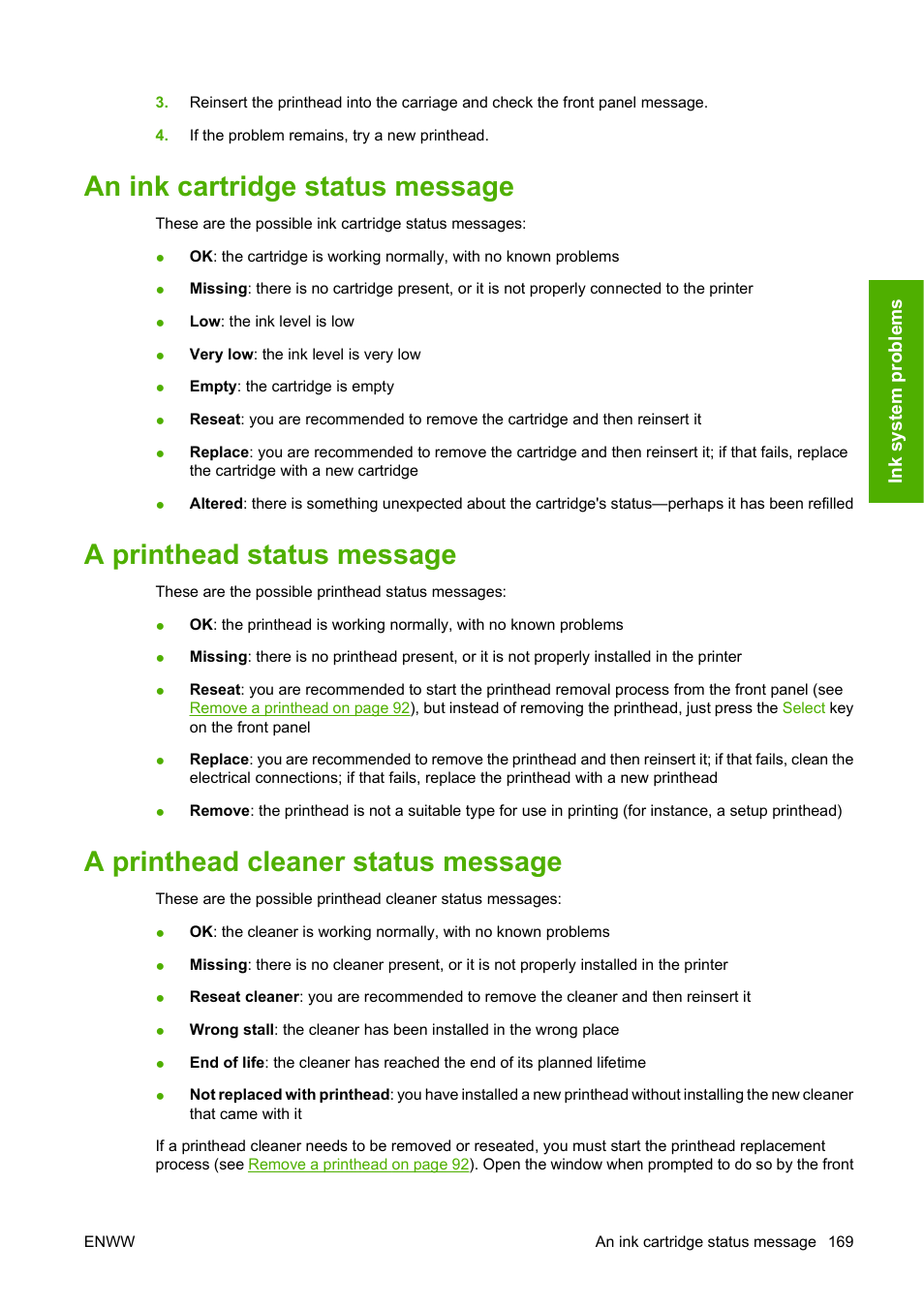 An ink cartridge status message, A printhead status message, A printhead cleaner status message | A printhead status | HP Designjet 4520 Printer series User Manual | Page 179 / 235