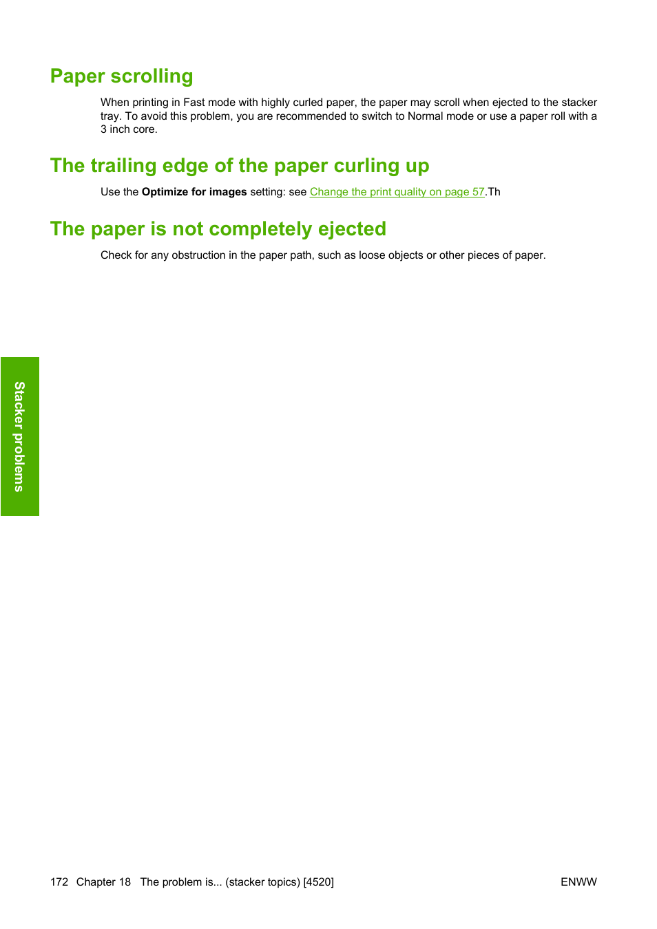 Paper scrolling, The trailing edge of the paper curling up, The paper is not completely ejected | HP Designjet 4520 Printer series User Manual | Page 182 / 235