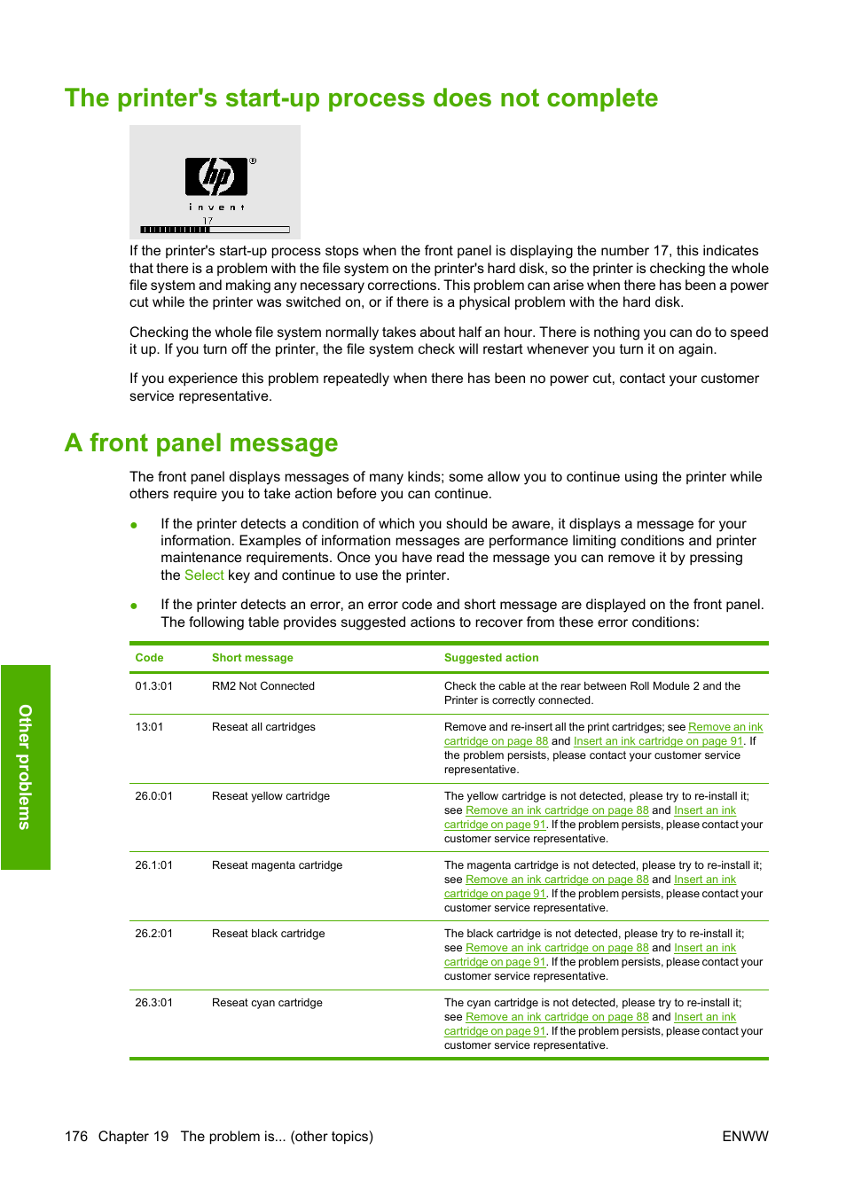The printer's start-up process does not complete, A front panel message, Other proble m s | HP Designjet 4520 Printer series User Manual | Page 186 / 235