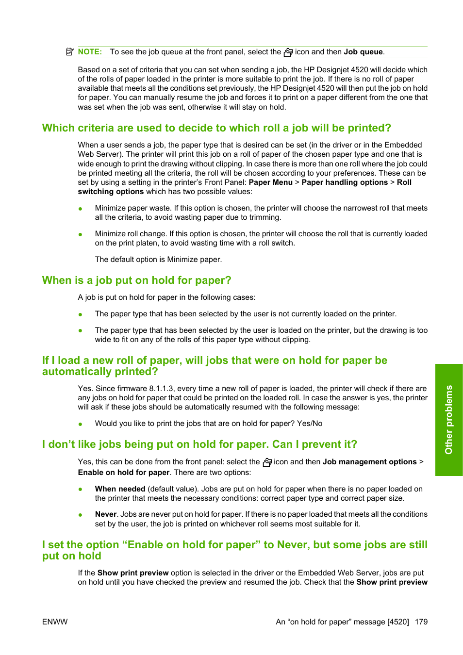 When is a job put on hold for paper | HP Designjet 4520 Printer series User Manual | Page 189 / 235