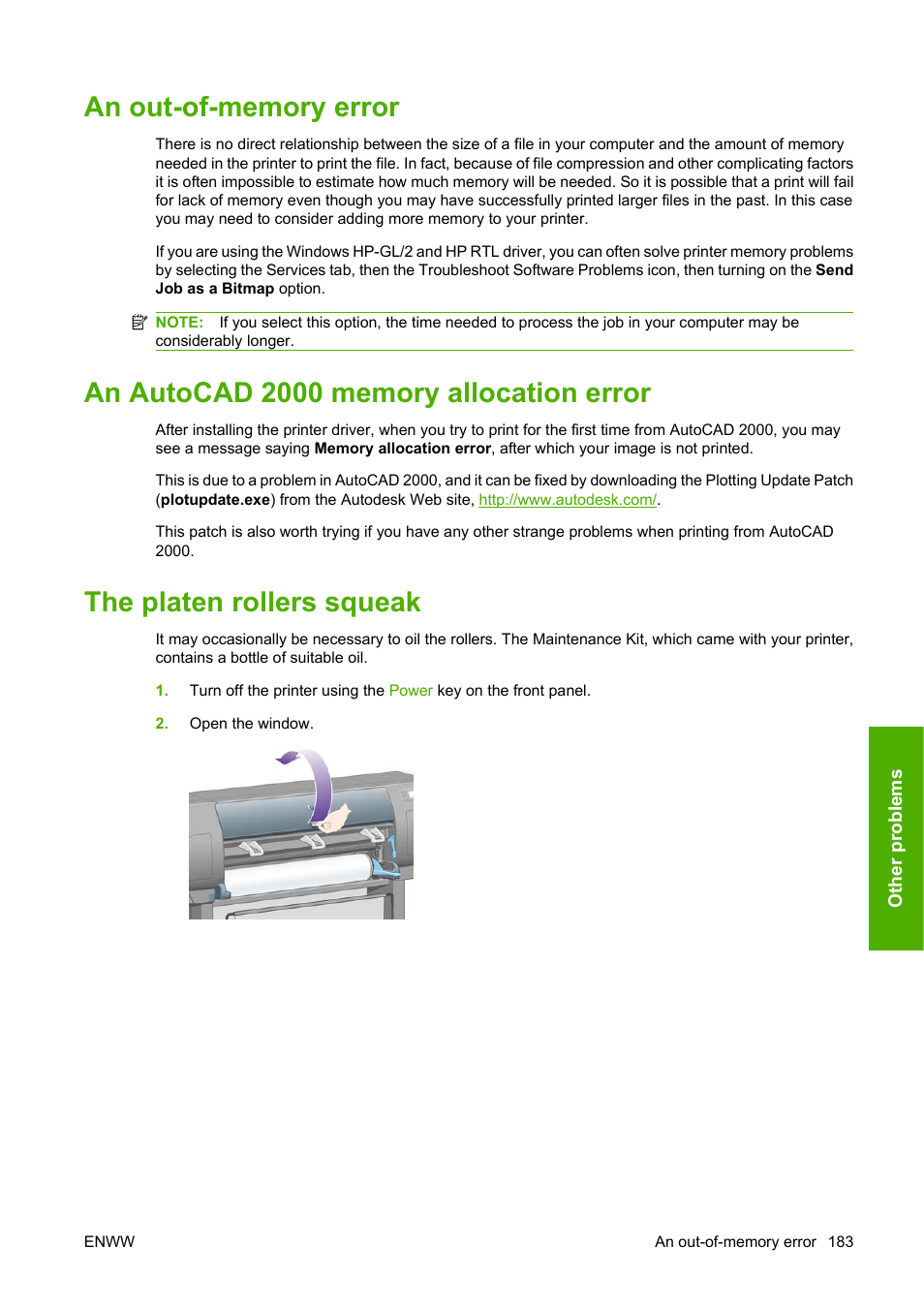 An out-of-memory error, An autocad 2000 memory allocation error, The platen rollers squeak | HP Designjet 4520 Printer series User Manual | Page 193 / 235