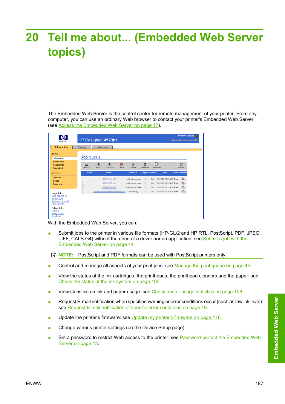 Tell me about... (embedded web server topics), 20 tell me about... (embedded web server topics) | HP Designjet 4520 Printer series User Manual | Page 197 / 235