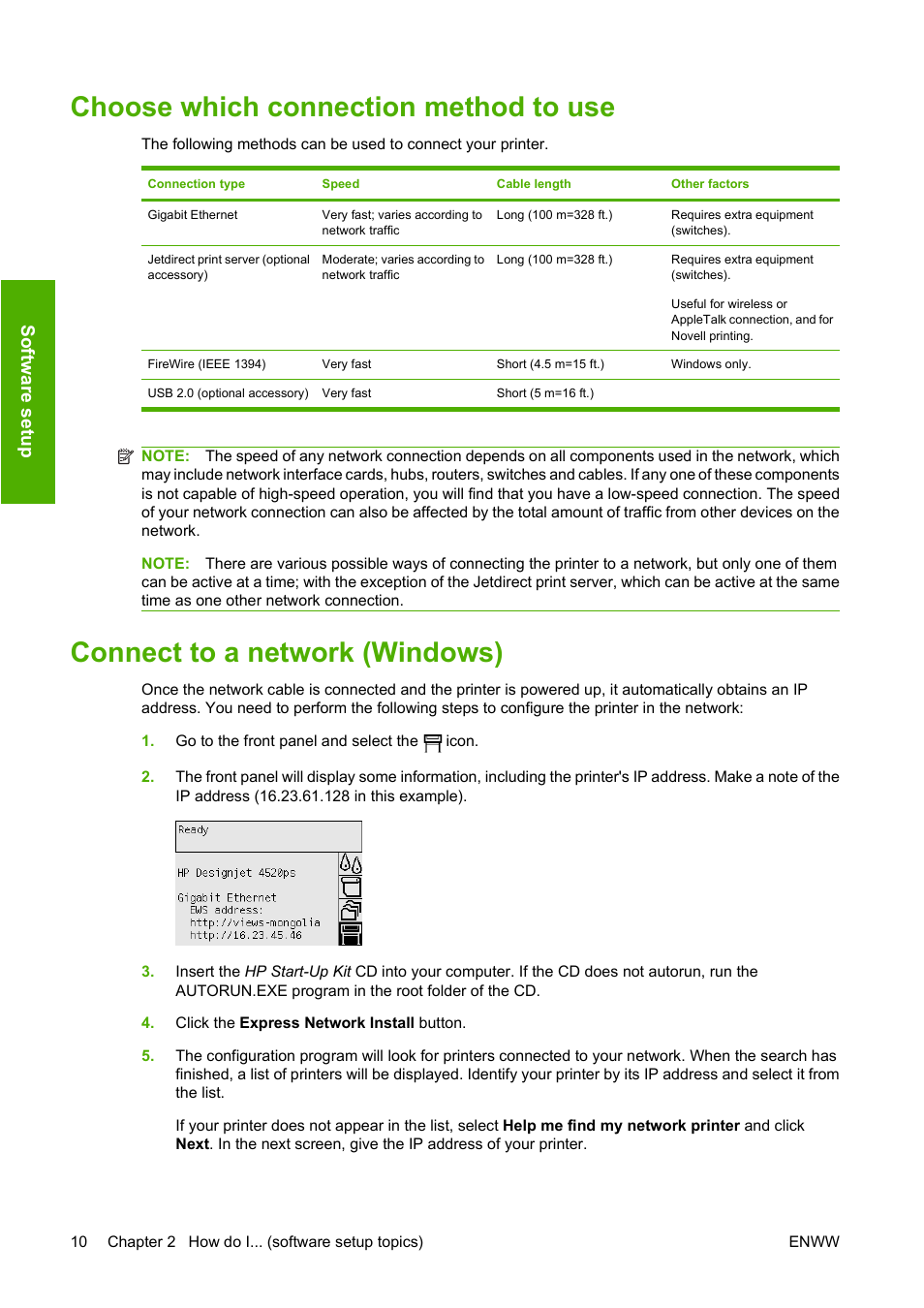 Choose which connection method to use, Connect to a network (windows), Sof tw a re se tu p | HP Designjet 4520 Printer series User Manual | Page 20 / 235