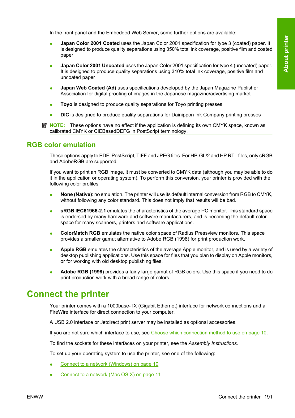 Rgb color emulation, Connect the printer | HP Designjet 4520 Printer series User Manual | Page 201 / 235