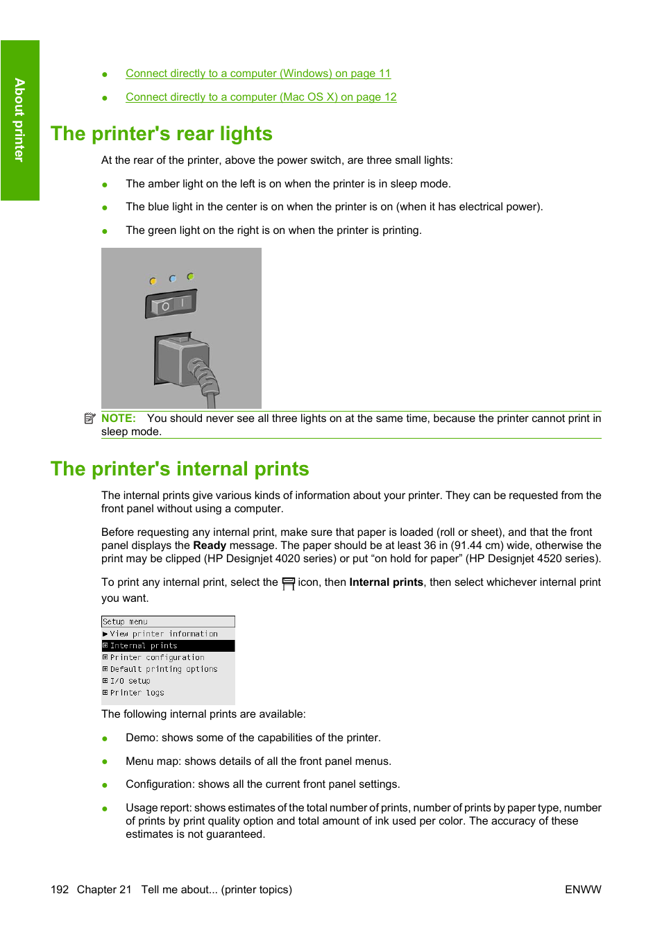 The printer's rear lights, The printer's internal prints | HP Designjet 4520 Printer series User Manual | Page 202 / 235