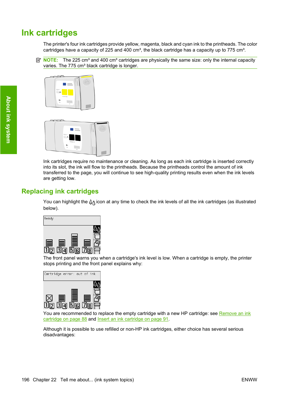 Ink cartridges, Replacing ink cartridges | HP Designjet 4520 Printer series User Manual | Page 206 / 235