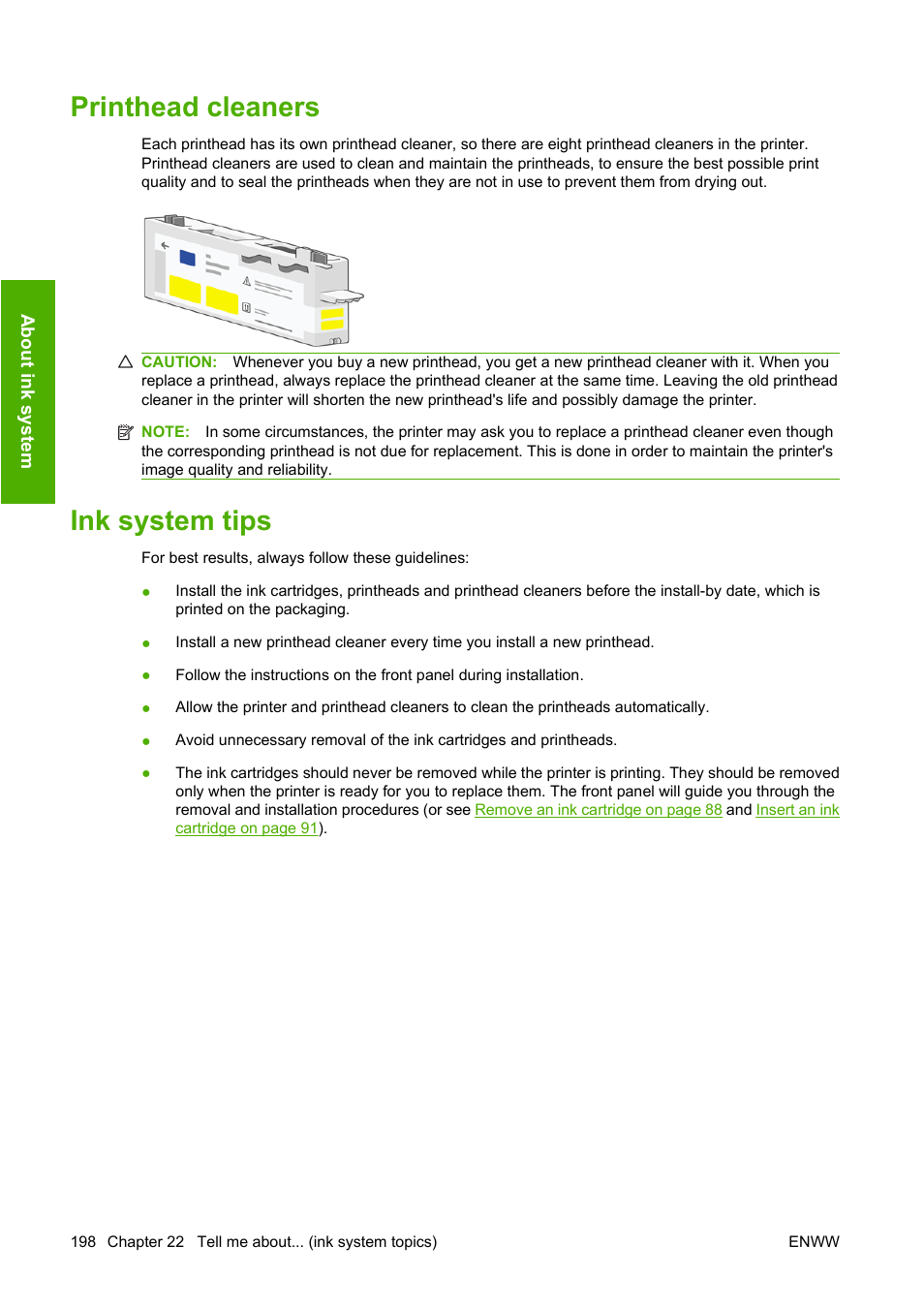 Printhead cleaners, Ink system tips, Printhead cleaners ink system tips | HP Designjet 4520 Printer series User Manual | Page 208 / 235