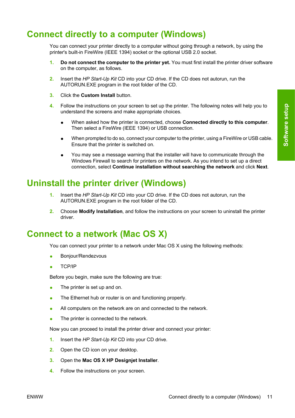 Connect directly to a computer (windows), Uninstall the printer driver (windows), Connect to a network (mac os x) | HP Designjet 4520 Printer series User Manual | Page 21 / 235