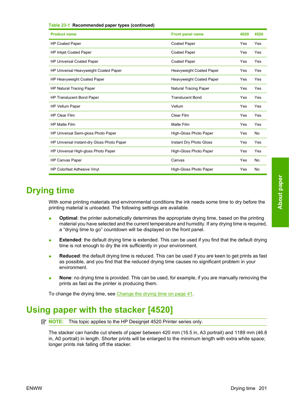 Drying time, Using paper with the stacker [4520, Drying time using paper with the stacker [4520 | Using paper with the stacker, About pa p er | HP Designjet 4520 Printer series User Manual | Page 211 / 235
