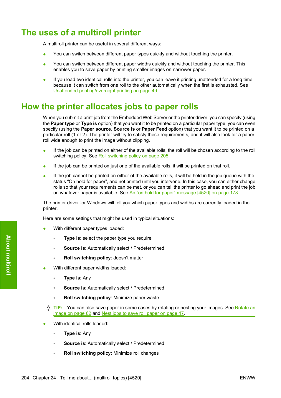 The uses of a multiroll printer, How the printer allocates jobs to paper rolls | HP Designjet 4520 Printer series User Manual | Page 214 / 235