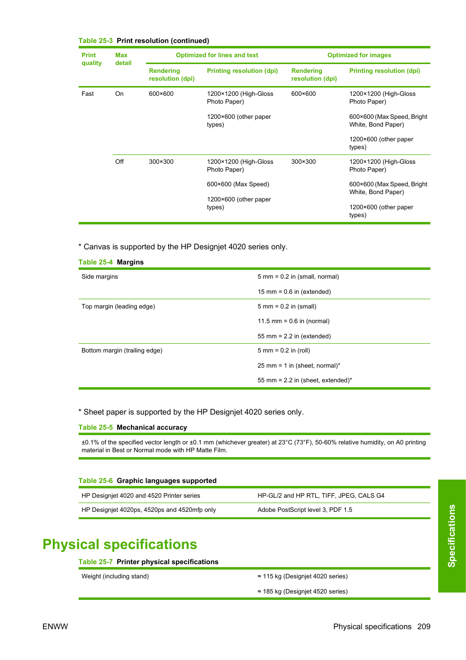 Physical specifications, Spec if ica tions | HP Designjet 4520 Printer series User Manual | Page 219 / 235