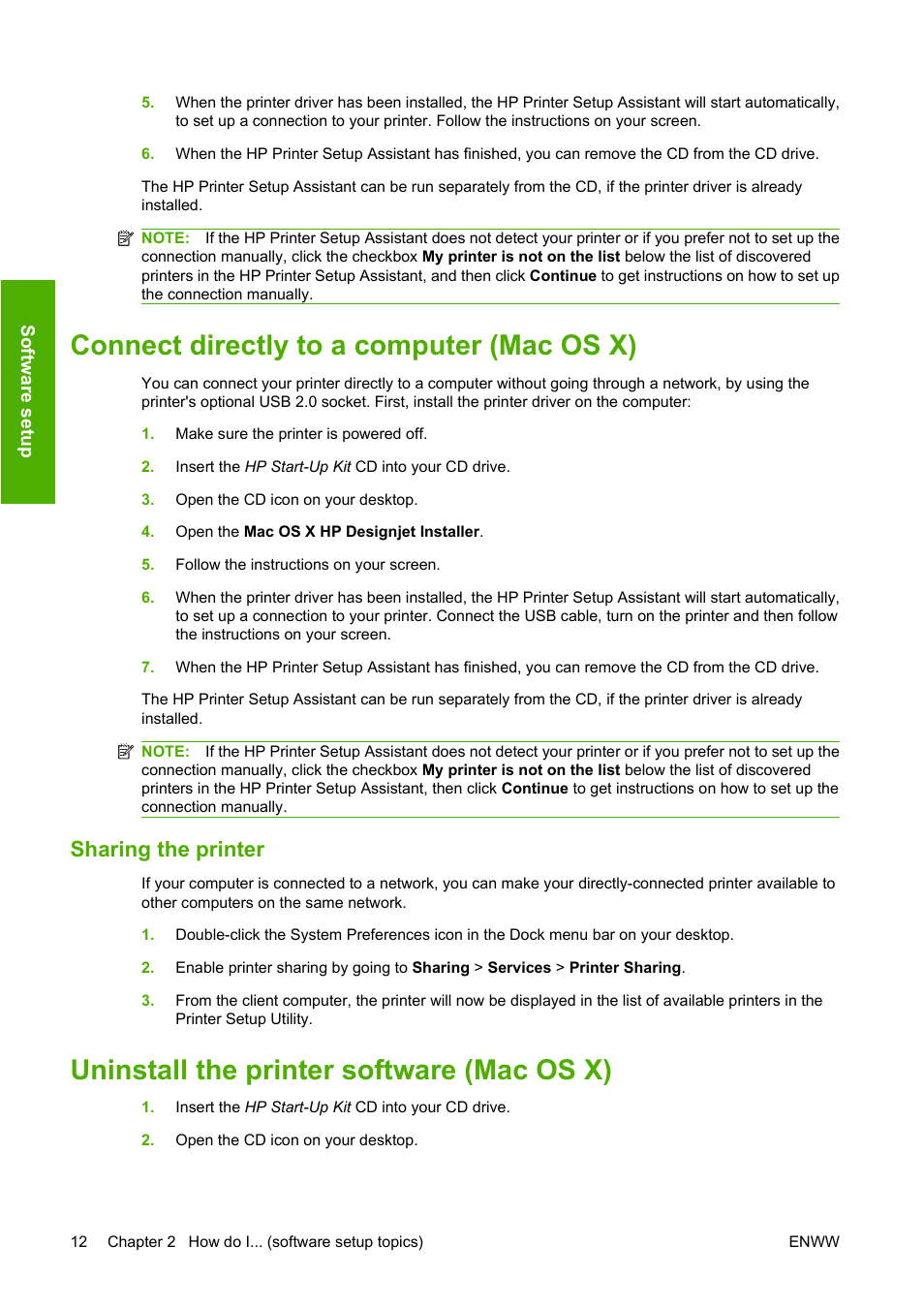 Connect directly to a computer (mac os x), Sharing the printer, Uninstall the printer software (mac os x) | HP Designjet 4520 Printer series User Manual | Page 22 / 235