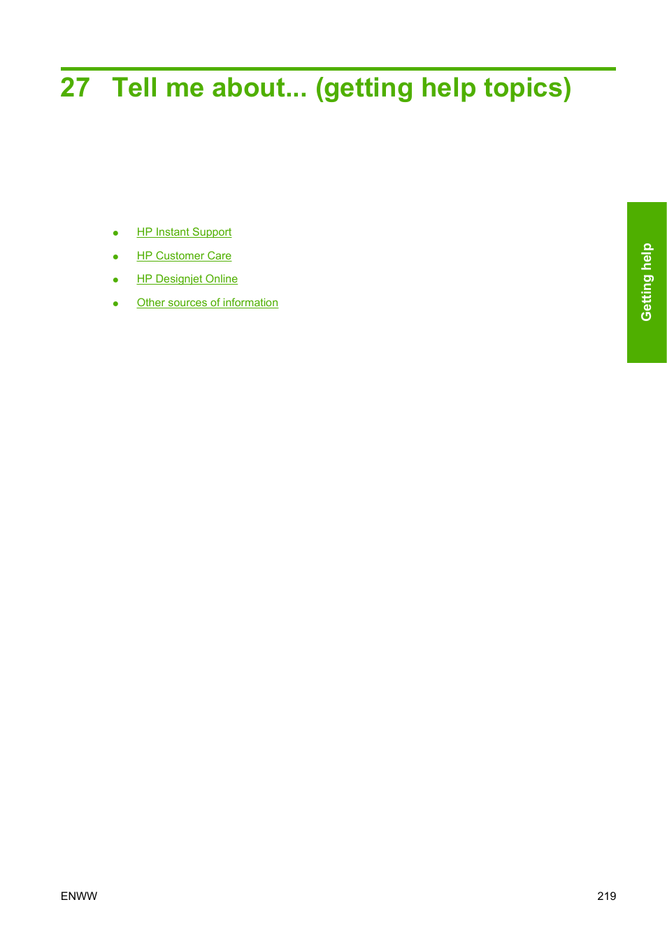 Tell me about... (getting help topics), 27 tell me about... (getting help topics) | HP Designjet 4520 Printer series User Manual | Page 229 / 235