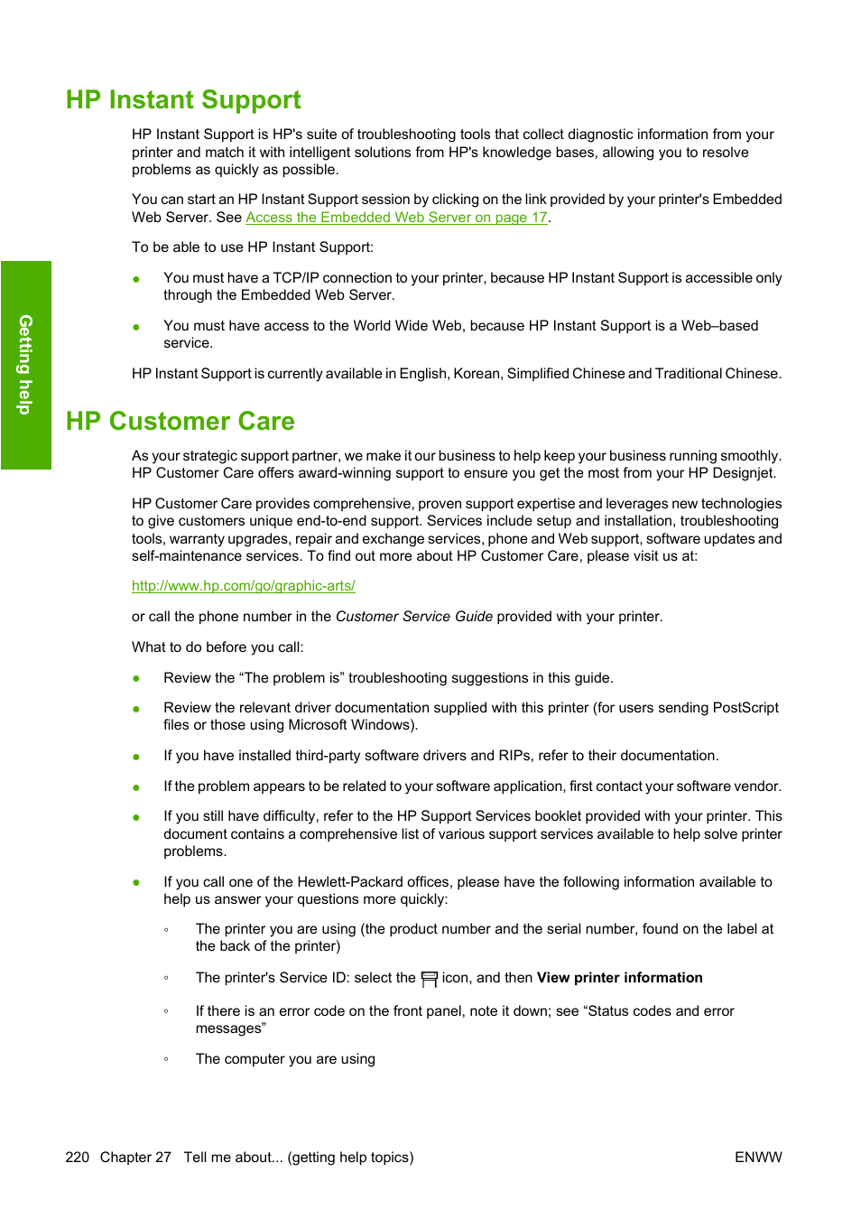 Hp instant support, Hp customer care, Hp instant support hp customer care | HP Designjet 4520 Printer series User Manual | Page 230 / 235