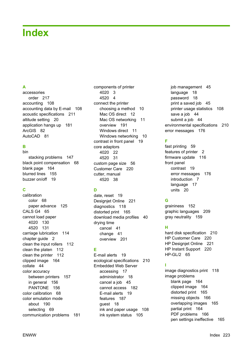 Index | HP Designjet 4520 Printer series User Manual | Page 233 / 235