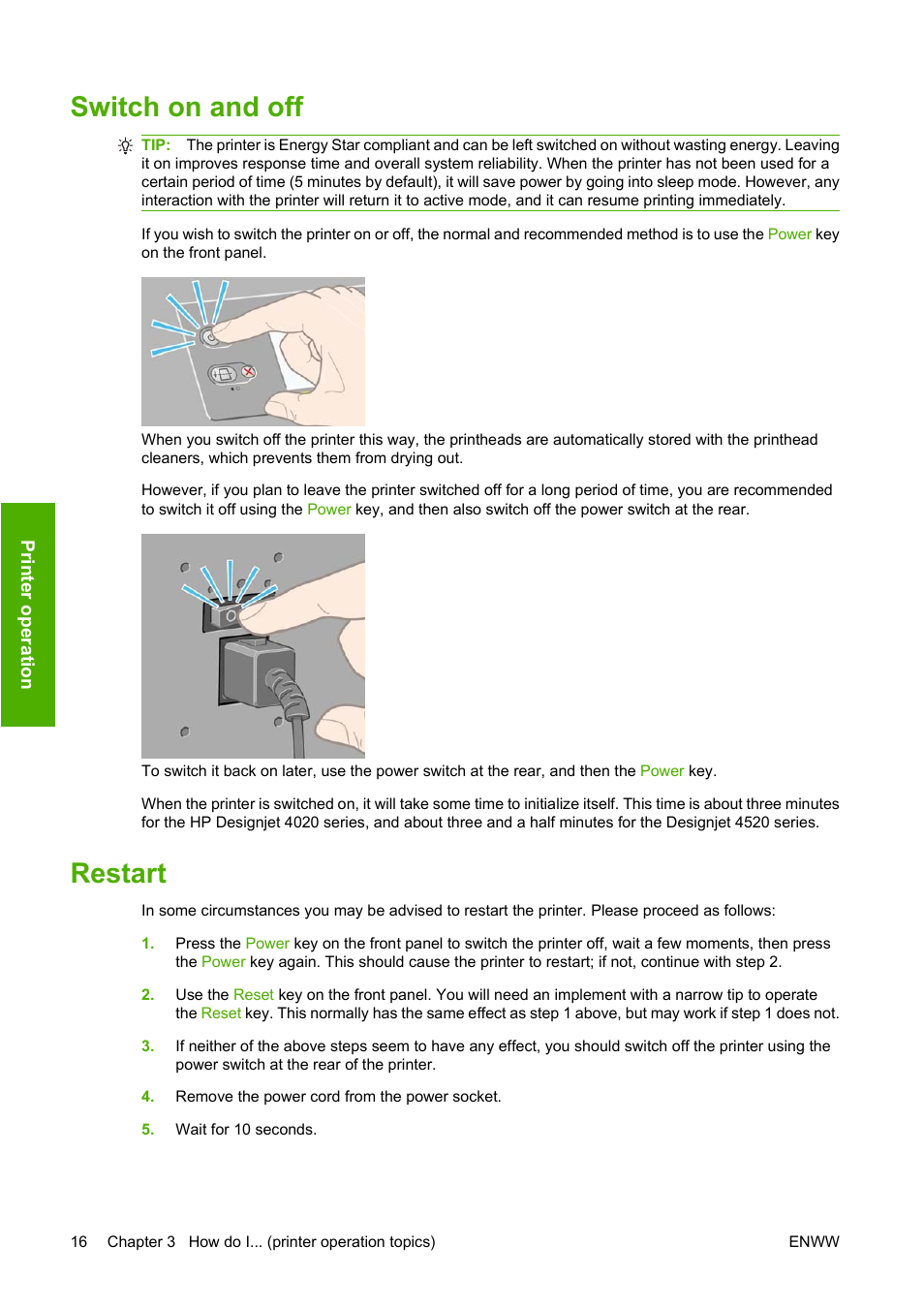 Switch on and off, Restart, Switch on and off restart | HP Designjet 4520 Printer series User Manual | Page 26 / 235
