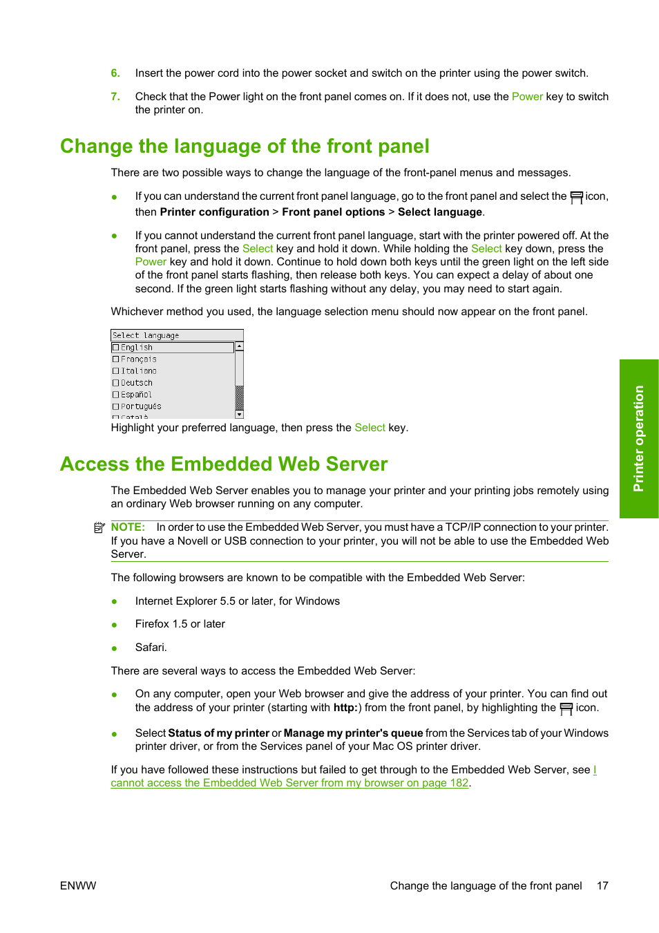 Change the language of the front panel, Access the embedded web server | HP Designjet 4520 Printer series User Manual | Page 27 / 235