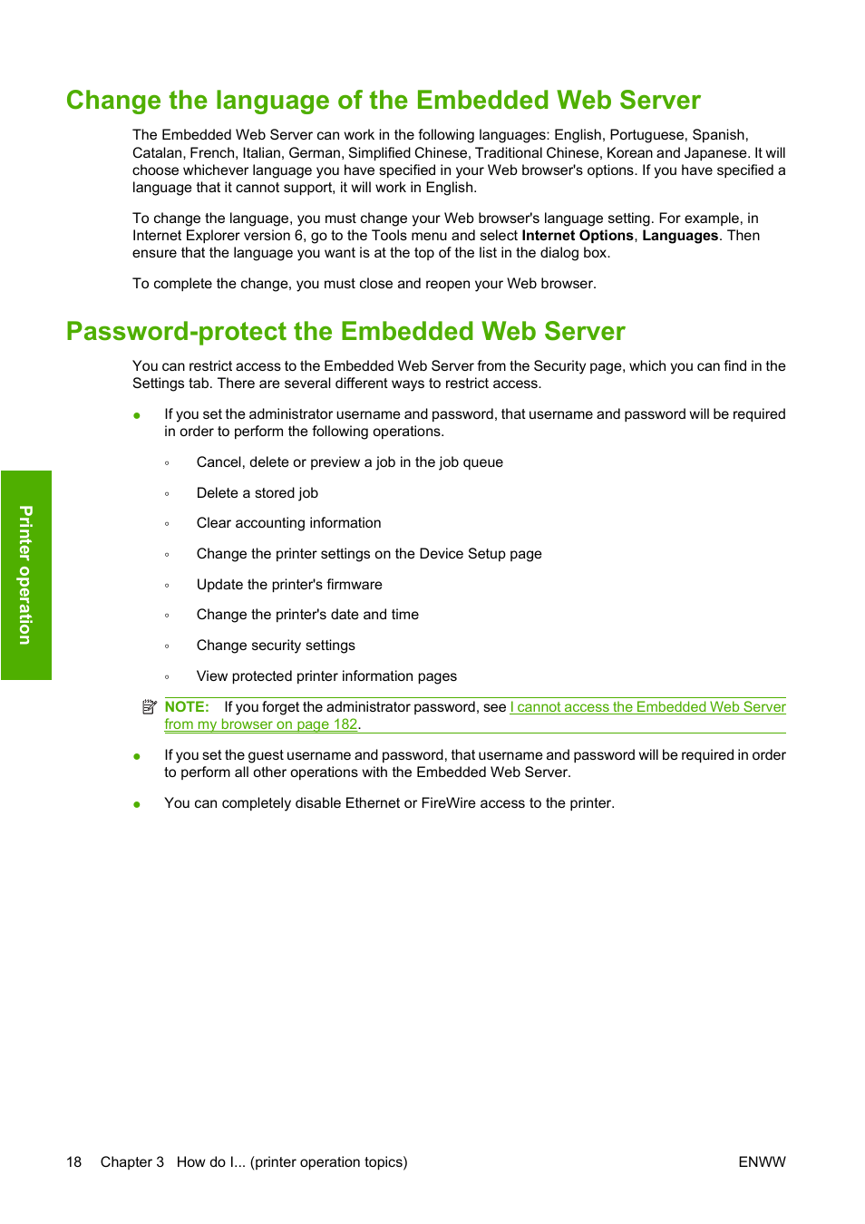 Change the language of the embedded web server, Password-protect the embedded web server | HP Designjet 4520 Printer series User Manual | Page 28 / 235