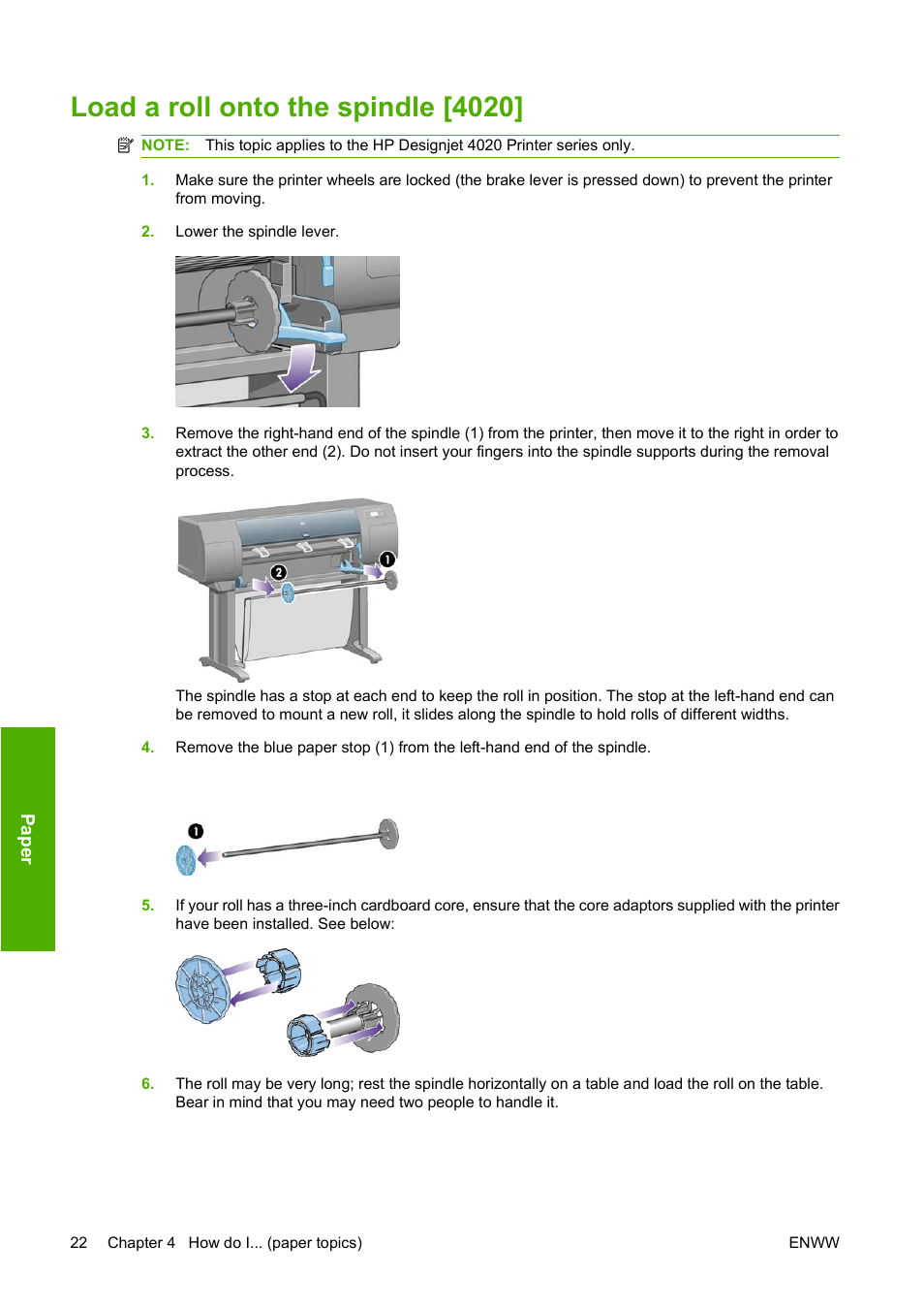 Load a roll onto the spindle [4020 | HP Designjet 4520 Printer series User Manual | Page 32 / 235