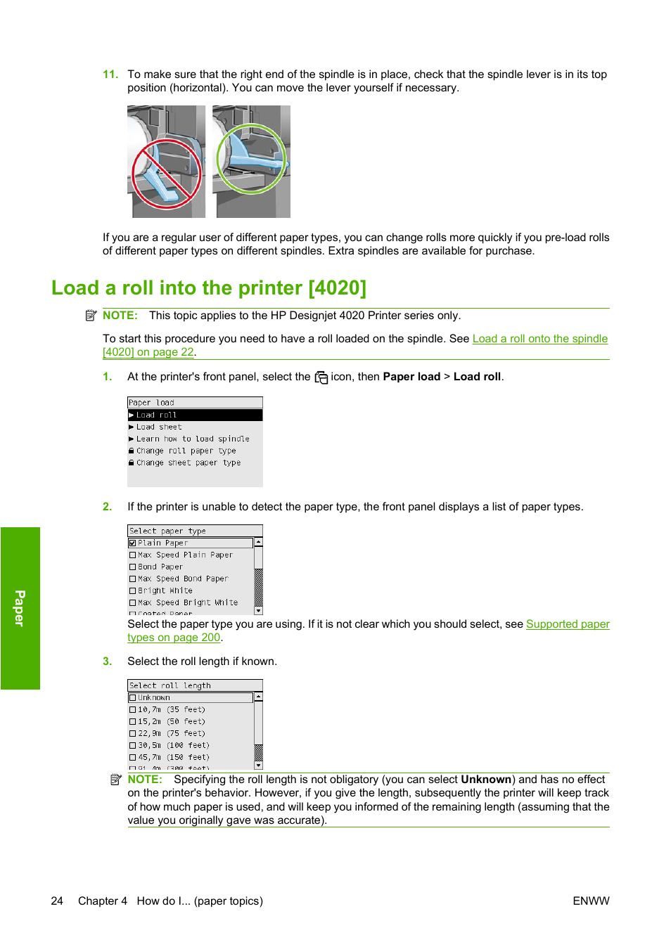 Load a roll into the printer [4020 | HP Designjet 4520 Printer series User Manual | Page 34 / 235