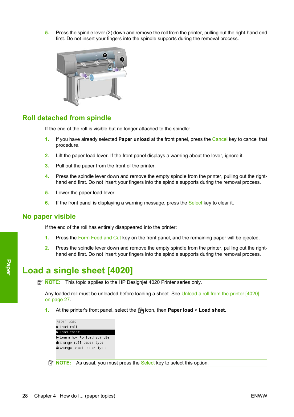 Roll detached from spindle, No paper visible, Load a single sheet [4020 | HP Designjet 4520 Printer series User Manual | Page 38 / 235