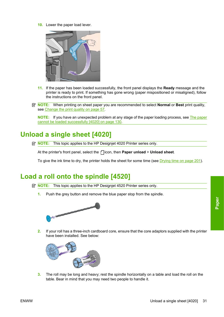 Unload a single sheet [4020, Load a roll onto the spindle [4520 | HP Designjet 4520 Printer series User Manual | Page 41 / 235