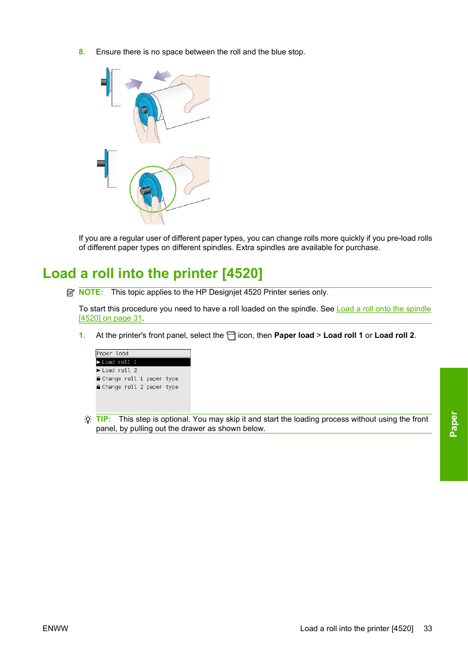 Load a roll into the printer [4520 | HP Designjet 4520 Printer series User Manual | Page 43 / 235