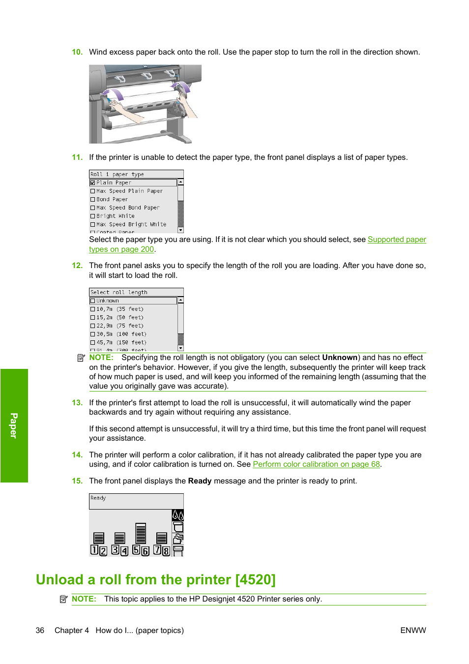 Unload a roll from the printer [4520 | HP Designjet 4520 Printer series User Manual | Page 46 / 235