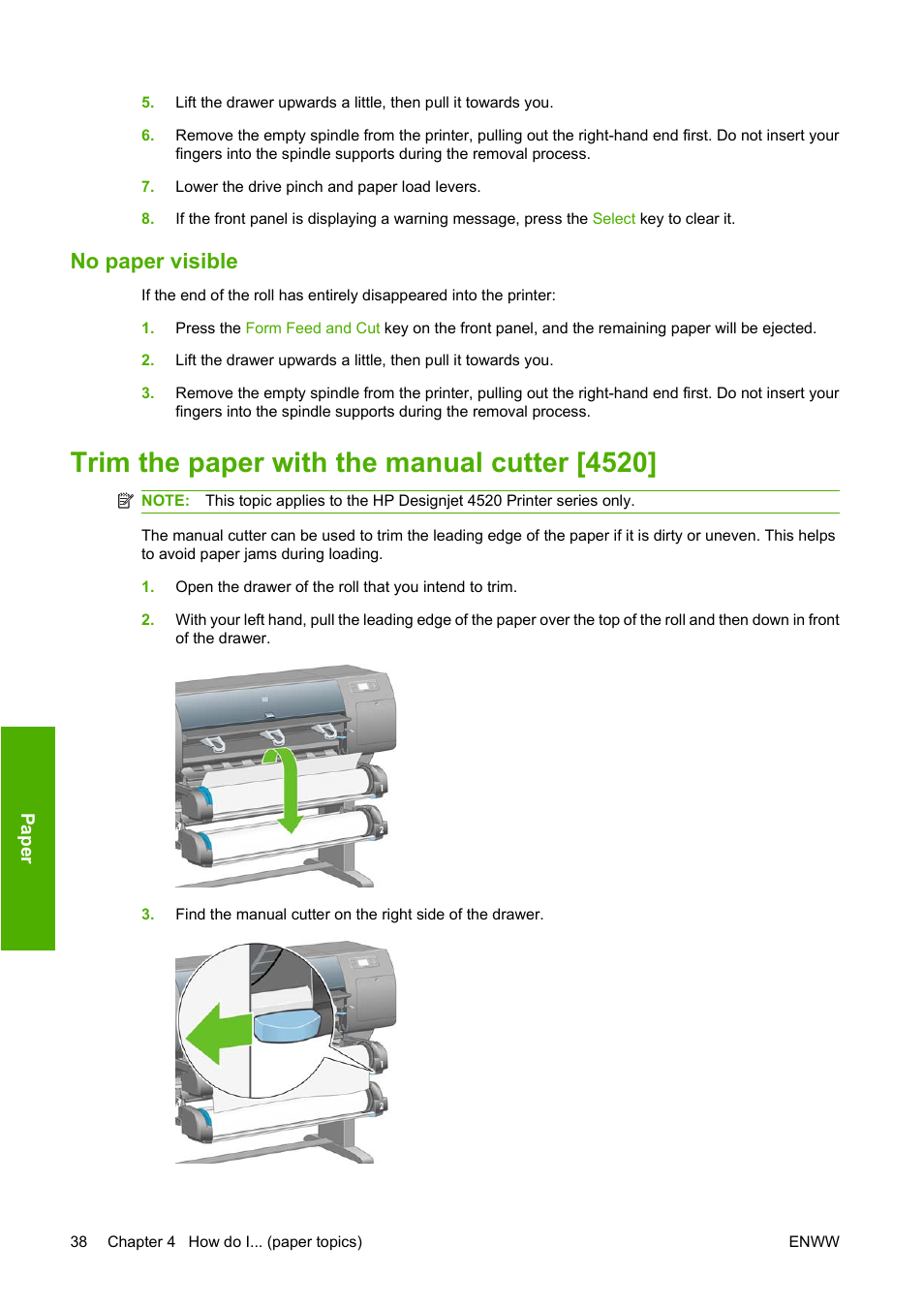 No paper visible, Trim the paper with the manual cutter [4520 | HP Designjet 4520 Printer series User Manual | Page 48 / 235