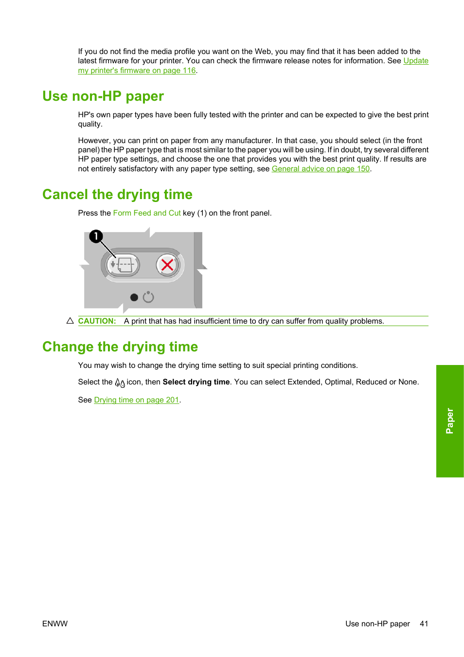 Use non-hp paper, Cancel the drying time, Change the drying time | HP Designjet 4520 Printer series User Manual | Page 51 / 235