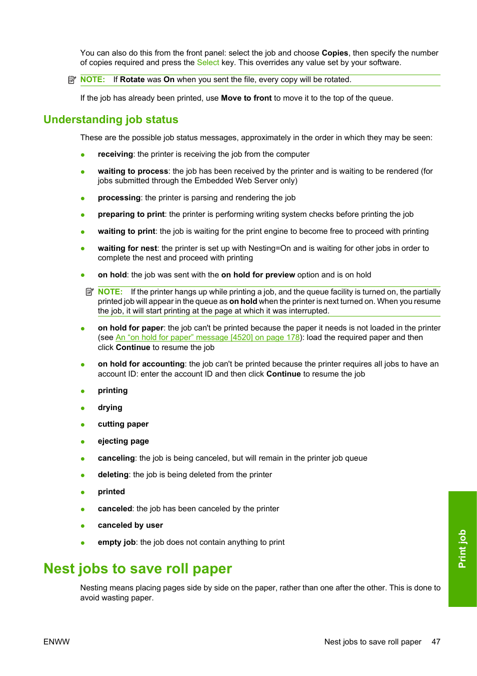 Understanding job status, Nest jobs to save roll paper | HP Designjet 4520 Printer series User Manual | Page 57 / 235