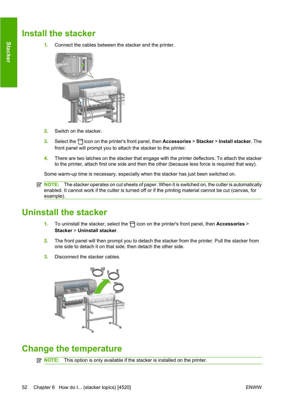 Install the stacker, Uninstall the stacker, Change the temperature | HP Designjet 4520 Printer series User Manual | Page 62 / 235