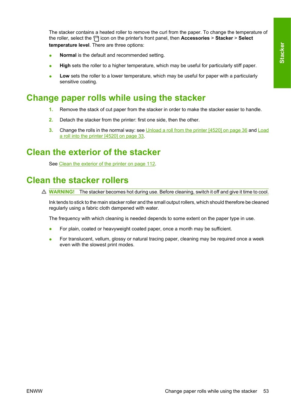 Change paper rolls while using the stacker, Clean the exterior of the stacker, Clean the stacker rollers | HP Designjet 4520 Printer series User Manual | Page 63 / 235