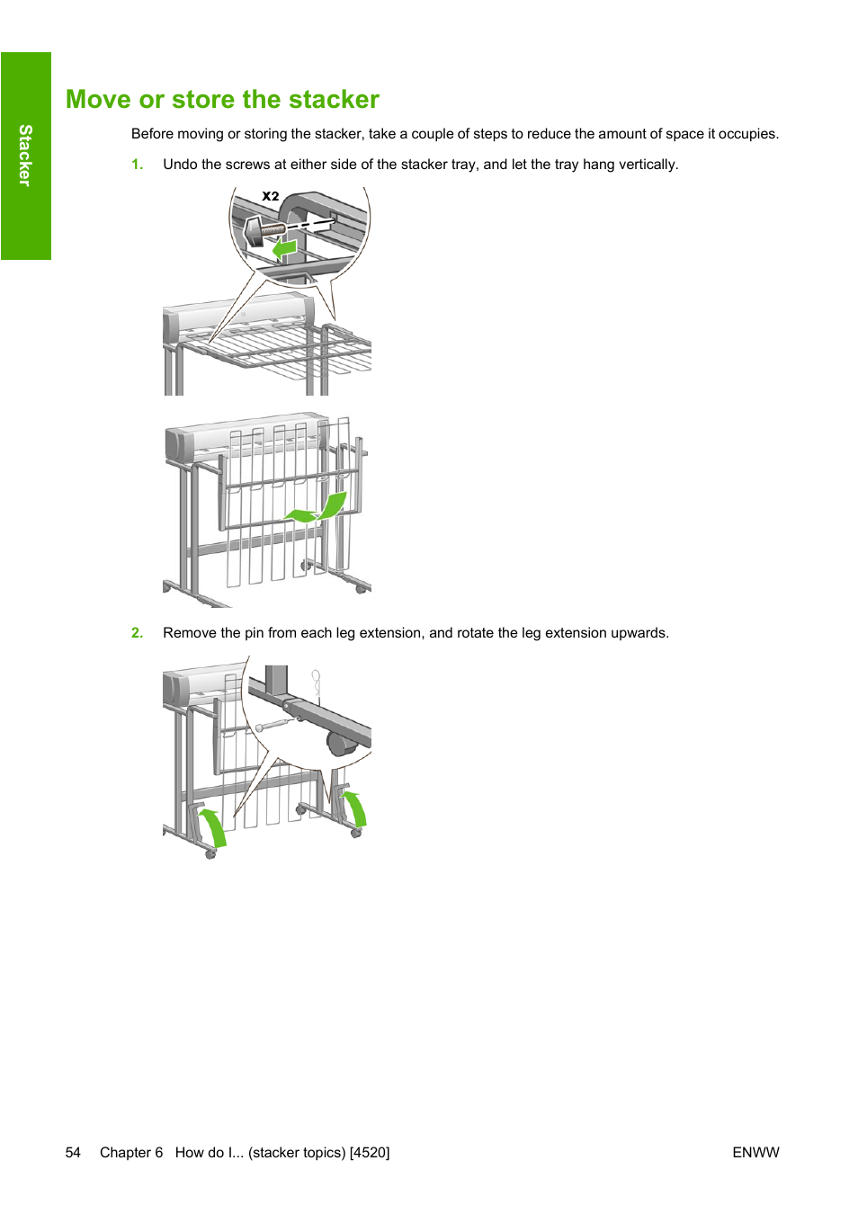 Move or store the stacker | HP Designjet 4520 Printer series User Manual | Page 64 / 235