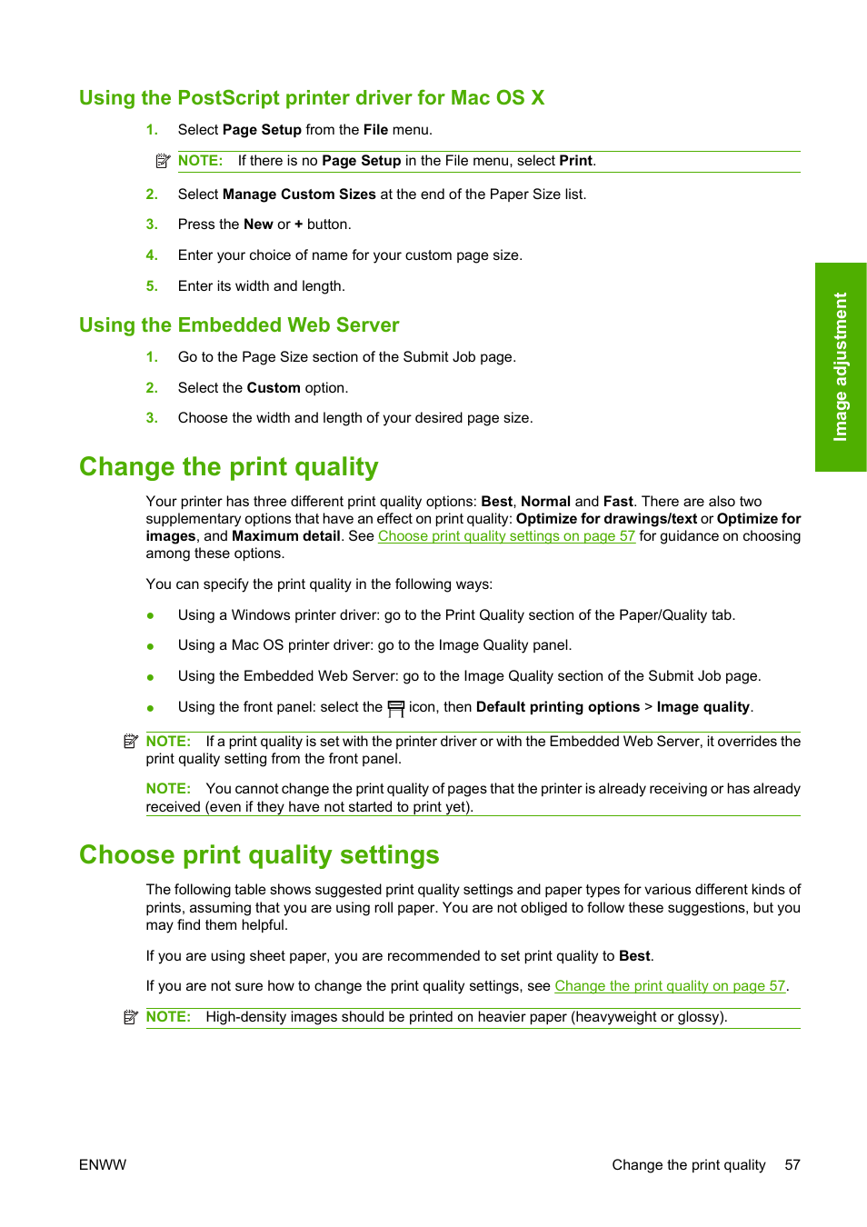 Using the postscript printer driver for mac os x, Using the embedded web server, Change the print quality | Choose print quality settings | HP Designjet 4520 Printer series User Manual | Page 67 / 235
