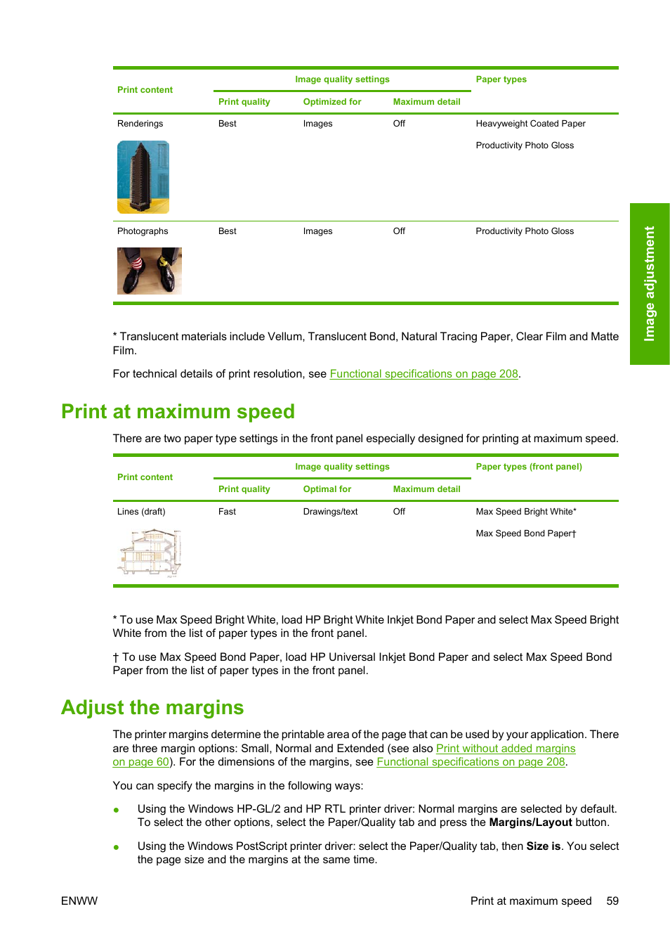 Print at maximum speed, Adjust the margins, Print at maximum speed adjust the margins | Image adjus tme nt | HP Designjet 4520 Printer series User Manual | Page 69 / 235