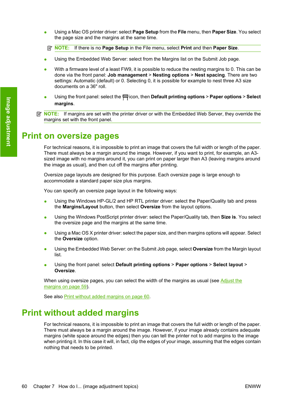 Print without added margins, Print on oversize pages | HP Designjet 4520 Printer series User Manual | Page 70 / 235