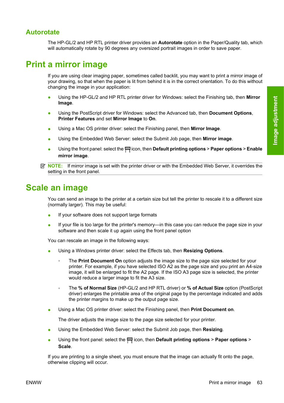 Autorotate, Print a mirror image, Scale an image | Print a mirror image scale an image | HP Designjet 4520 Printer series User Manual | Page 73 / 235