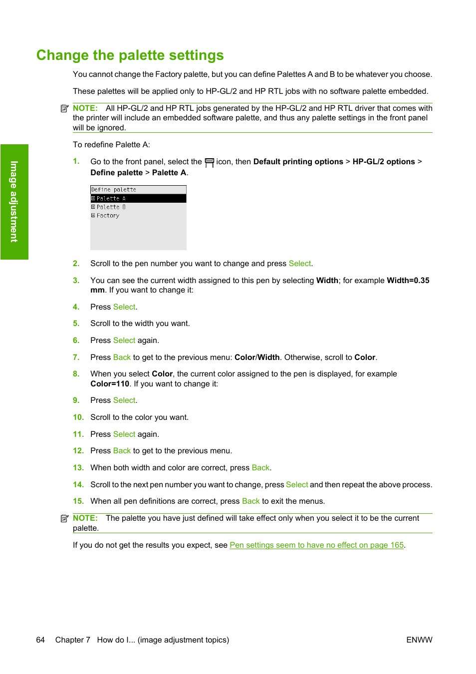 Change the palette settings | HP Designjet 4520 Printer series User Manual | Page 74 / 235